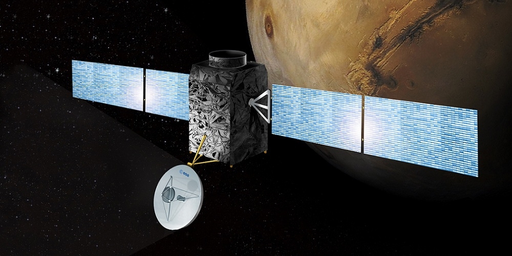 Artistieke impressie van de ExoMars/Trace Gas Orbiter in een baan om de planeet Mars