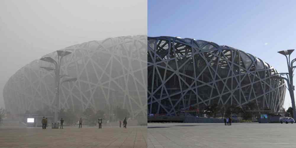 Smog in Beijing,'Birdsnest' nationaal stadium.