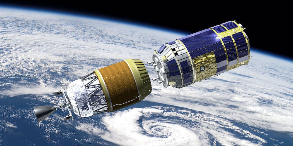 Artistieke impressie van een HTV module die uitgezet wordt in een lage baan om de Aarde.