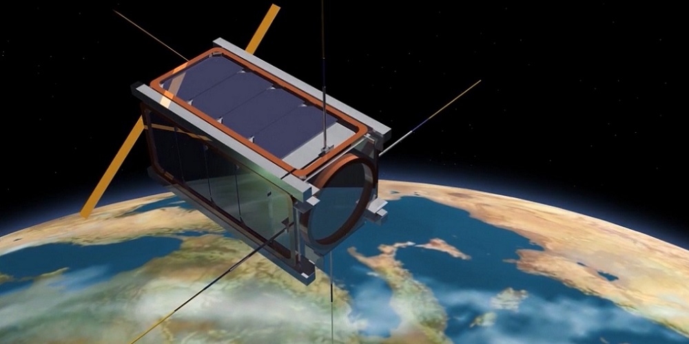 Artistieke impressie van een QB50 nanosatelliet in de ruimte