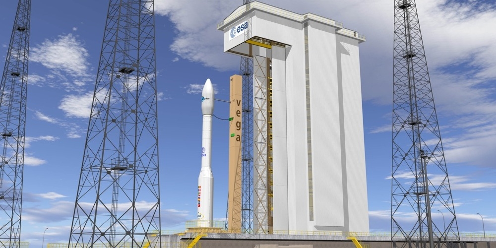 Artistieke impressie van de Vega raket op de Kourou lanceerbasis