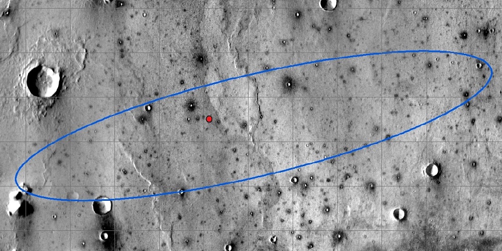 De landingsplaats van InSight (rode stip) en de ellips die de landingszone beschrijft (blauw).