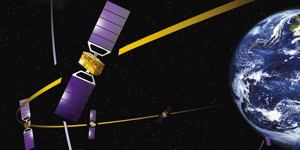 Artistieke impressie van Europese Galileo navigatiesatellieten in een baan om de Aarde