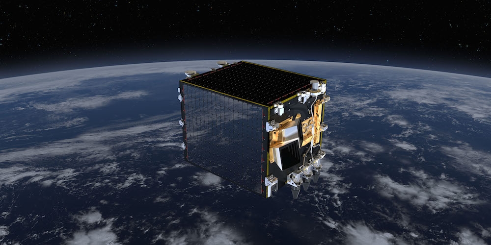 Artistieke impressie van de PROBA V satelliet in een baan om de Aarde