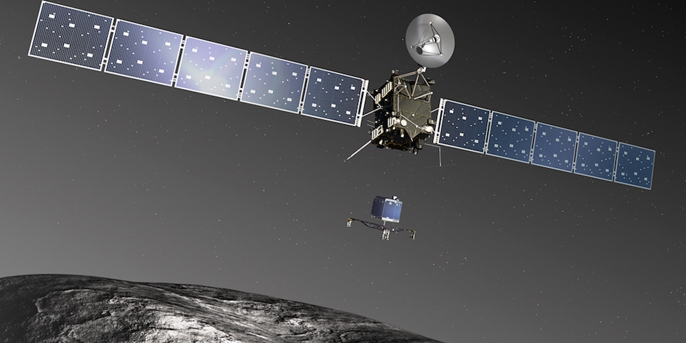Artistieke impressie van de Rosetta ruimtesonde en de kleine komeetlander Philae