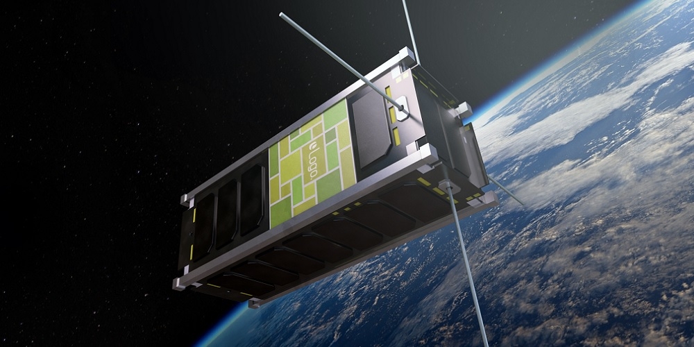 Artistieke impressie van een CubeSat met daaraan het SpaceBillboard advertentiepaneel