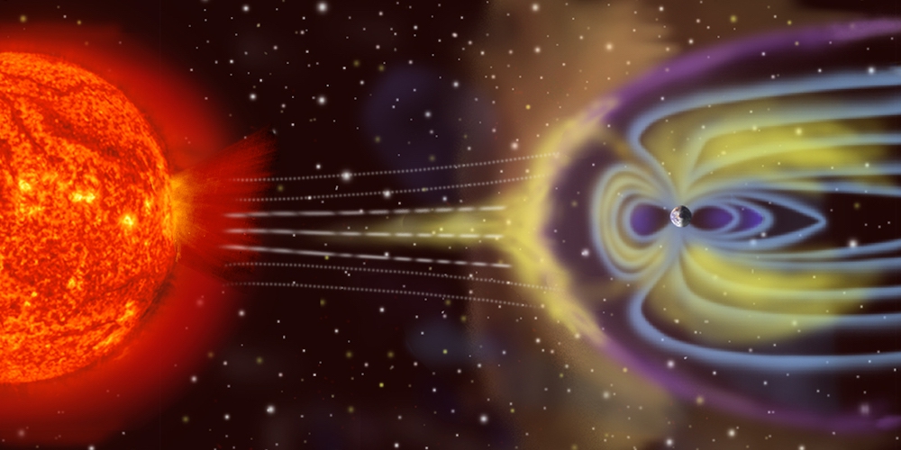 Artistieke impressie van de magnetosfeer van de aarde.