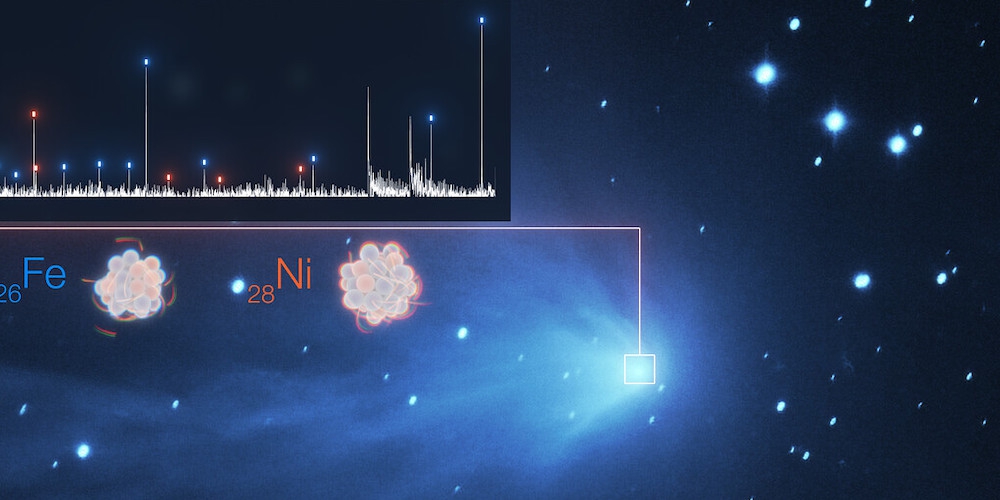 Deze afbeelding geeft de detectie weer van de zware metalen ijzer (Fe) en nikkel (Ni) in de wazige atmosfeer van een komeet. 
