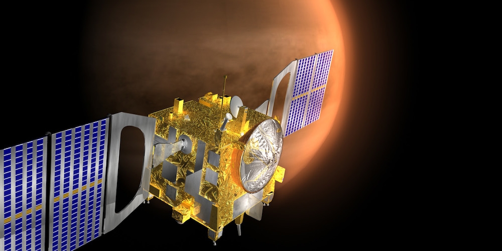 Artistieke impressie van de Venus Express ruimtesonde in een baan om de planeet Venus
