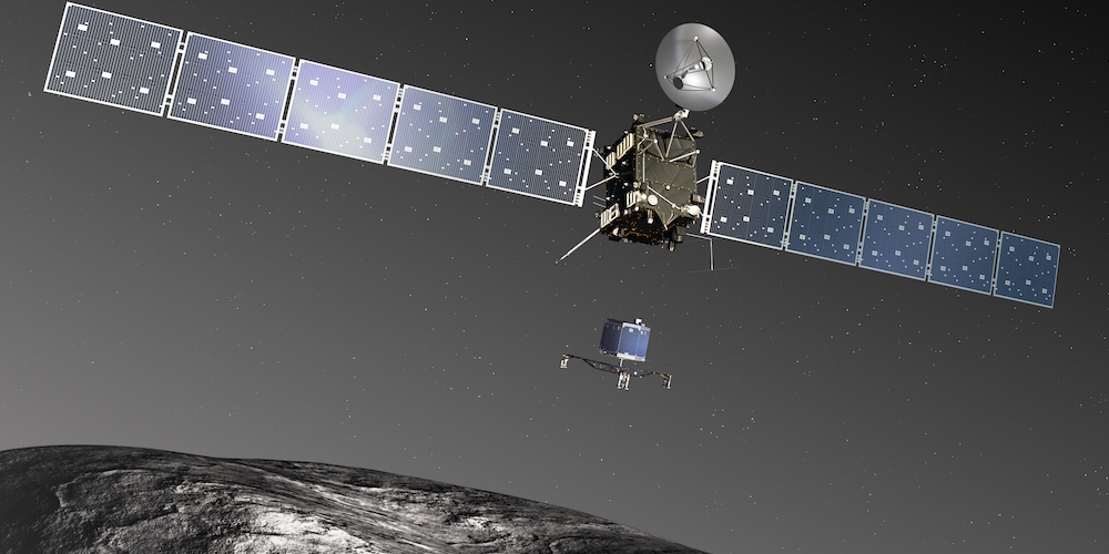 Artistieke impressie van de Europese ruimtesonde Rosetta en de komeetlander Philae